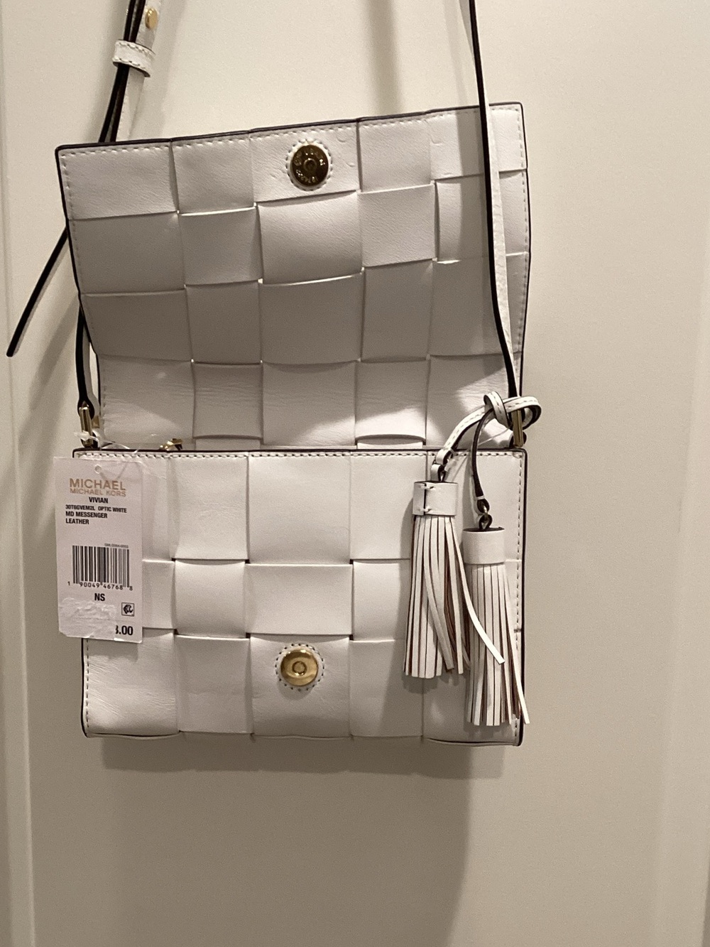 Michael Kors White Woven Leather Crossbody with Tassel